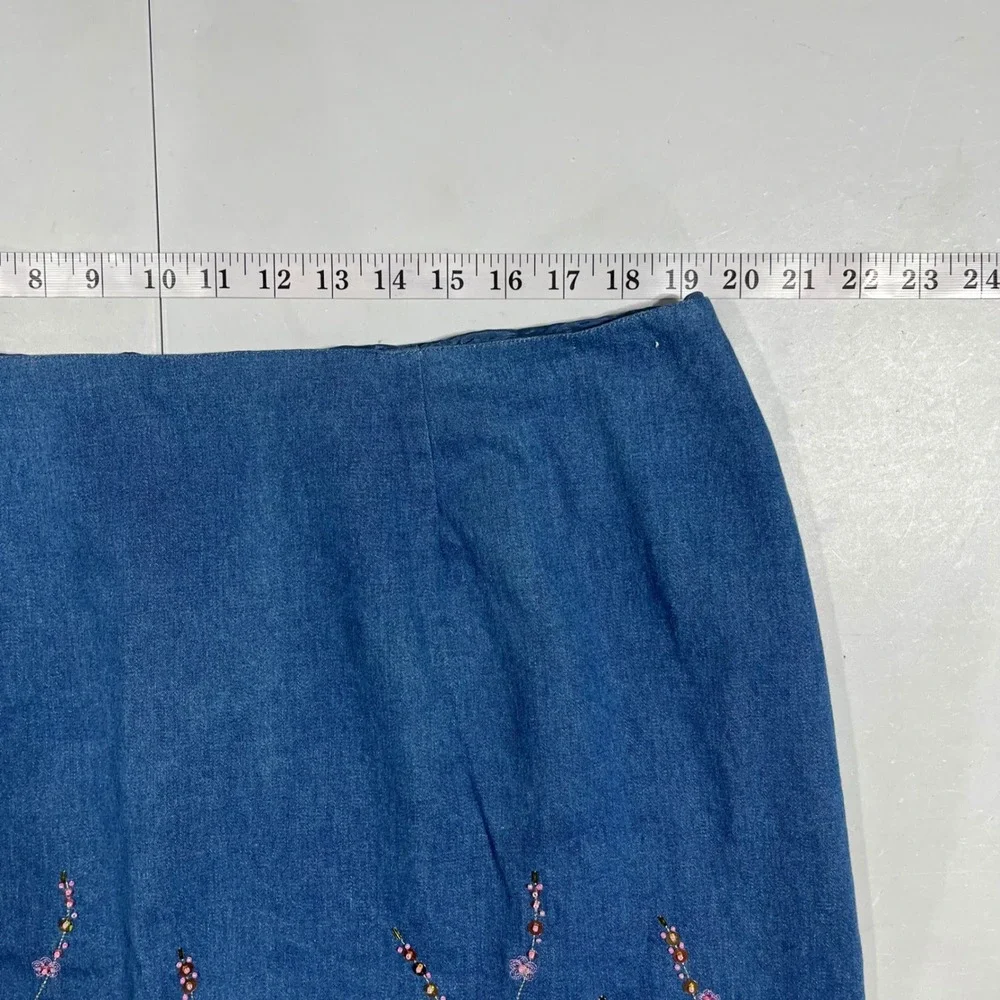 Jane Seymour VTG 90s Cottagecore Denim Embroidered Beaded Skirt Plus 20 Artsy